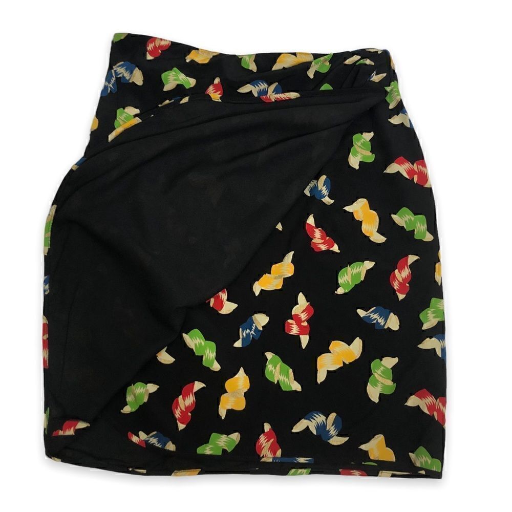 Vintage Ungaro Black Ribbon Print Skirt Faux Wrap Gold Accents - Picture 4 of 9